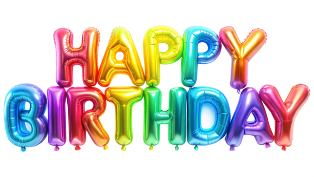 Rainbow Gradient Birthday Balloons: Letters in a seamless rainbow gradient, creating a festive and youthful "Happy Birthday" message, isolated on a white background.

