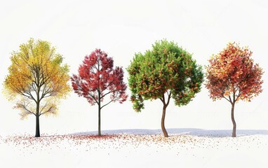 Assorted trees in different stages of foliage, isolated on white.