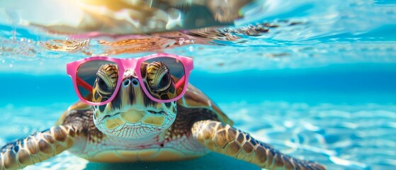 Funny animal summer holiday vacation photography banner background - Closeup of turtle with sunglasses swimming in pool water or ocean, underwater