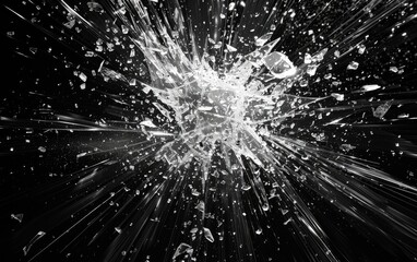 Black and white image of a shattered glass with a central impact point.