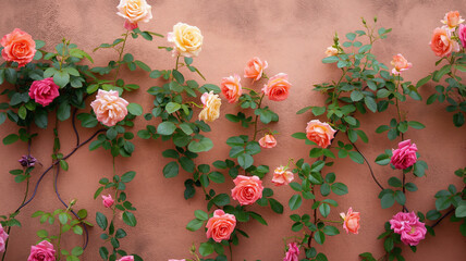 Fototapeta premium Colorful Color Uk Roses Growing Along A Brown Wall. Minimalism photography. Ornament Photography