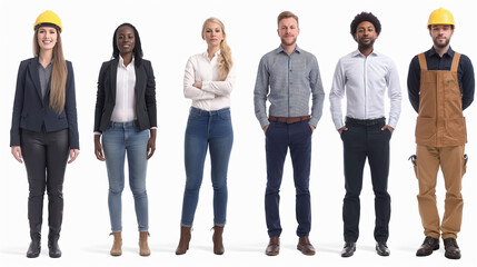 Obraz premium Group of people, business men and women An African American and an engineer pose side by side in a profile photo.