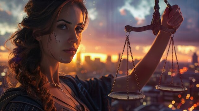 A powerful image of a woman holding scales of justice her eyes determined against a backdrop of a city skyline at dusk representing the pursuit of justice and equality