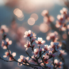 rami di albero di mandorlo in fiore con bokeh di sfondo e toni delicati in controluce al tramonto freddi, rosa e blu polvere