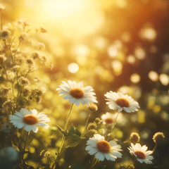 fiori di margherita camomilla in prato nel controluce del sole al tramonto in toni caldi estivi con bokeh creativo di sfondo