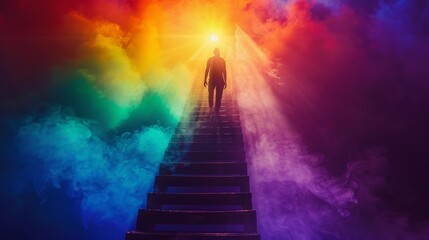 A symbolic image of a person climbing a ladder made of rainbow colors reaching towards a shining light at the top symbolizing the journey towards pride justice and liberation
