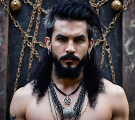 Half portrait of a shirtless man, occult jewelry, several necklaces, chains