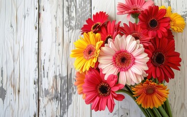 Bright bouquet of gerbera daisies against a white wooden backdrop.