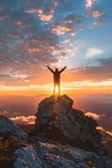A man is standing on a mountain peak, with the sun setting behind him by AI generated image