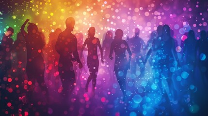 Silhouettes of people dancing joyfully at a Pride festival with colorful lights illuminating the scene depicting the vibrancy and movement of the event