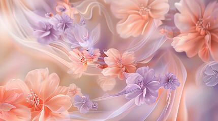 Delicate shades of peach and lavender form abstract petals and swirls, resembling a dance of cherry...