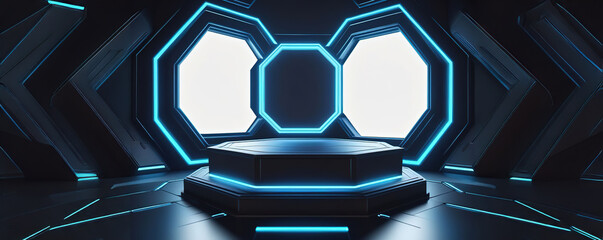 3d rendering illustration modern futuristic podium stage platform with neon lighting and black background for premium produt business technology.ai generated