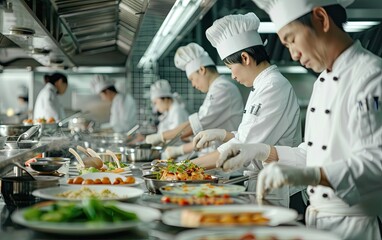 Chefs in white hats preparing food diligently in a professional kitchen.