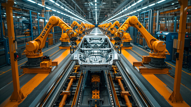 automated car assembly line, there are incomplete car bodies, parallel to each other, yellow robotic arms are engaged in the assembly process, environment is fully utomated