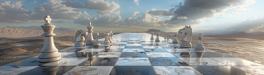 A floating chessboard in a barren desert landscape, with chess pieces cast as long, distorted shadows