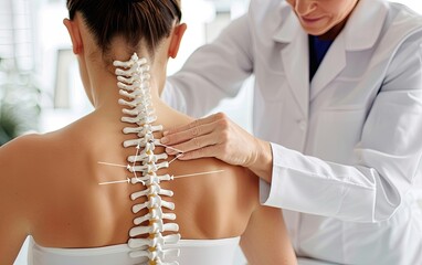 Chiropractor tracing spine alignment on a female patient's back.