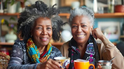 Home coffee is shared between an African American and a biracial woman in a joyful moment - Powered by Adobe
