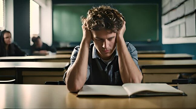 &Uuml;berforderter Sch&uuml;ler sitzt im Klassenzimmer und h&auml;lt sich den Kopf