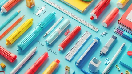Various school supplies such as pens, pencils, markers, notebooks, and rulers arranged neatly on a blue surface