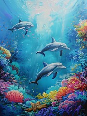 Fototapeta premium Dolphin in the water illustration, Beautiful, summer vibe, beach, ocean, sea, fish, background