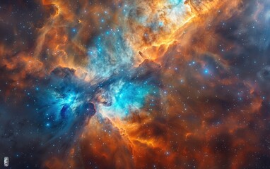 Cosmic tapestry of swirling nebulas in vibrant hues of blue and orange.