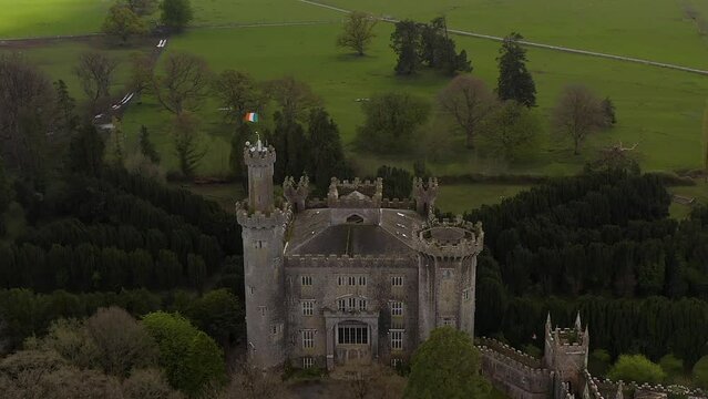 Wide aerial view of Charleville Castle and symmetrical gardens. Offaly, Ireland