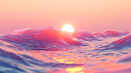 Dreamy sunset over ocean with abstract waves in soft pink and orange hues.
