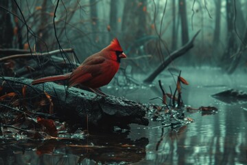 Tranquil Red bird on lake swamp. Coast shore head beak wing. Generate Ai