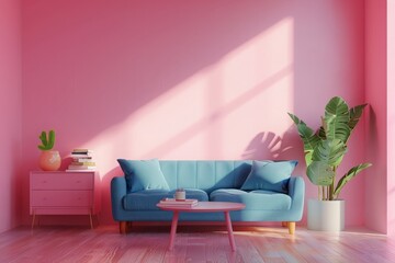 Minimalist living room interior with pink walls, blue sofa standing near coffee table with books and pink dresser with cactus on it. 3d rendering 