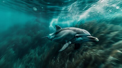 Obraz premium Dolphin in the water illustration, Beautiful, summer vibe, beach, ocean, sea, fish, background
