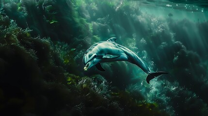 Fototapeta premium Dolphin in the water illustration, Beautiful, summer vibe, beach, ocean, sea, fish, background