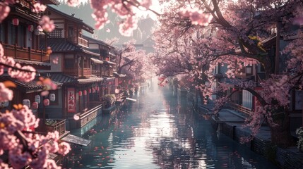 Obraz premium rural city of japan with sakura tree