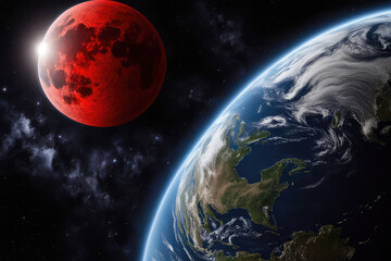 moon eclipse  planet red blood with clouds  moon map element furnished 