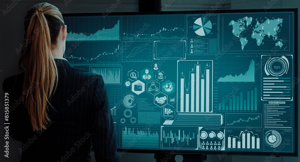 Poster data analysis for business and finance concept. interface showing future computer technology of prof