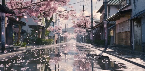 rural city of japan with sakura tree