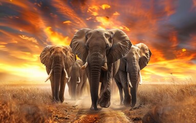 Elephants marching in golden savanna under a vibrant sunset sky.