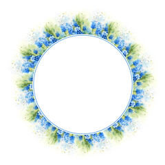 Watercolor wreath with spring blue flowers and green leaves, primroses, blue and cyan snowdrops, hyacinths, first flowers after winter, for cozy home textile, spring and Easter decoration
