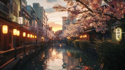 Obraz premium rural city of japan with sakura tree