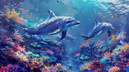 Obraz premium Dolphin in the water illustration, Beautiful, summer vibe, beach, ocean, sea, fish, background