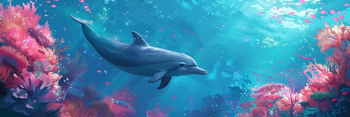 Fototapeta premium Dolphin in the water illustration, Beautiful, summer vibe, beach, ocean, sea, fish, background