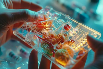 Transparent chip, no larger than a credit card, containing miniature organ replicas with biosensors embedded along the channels