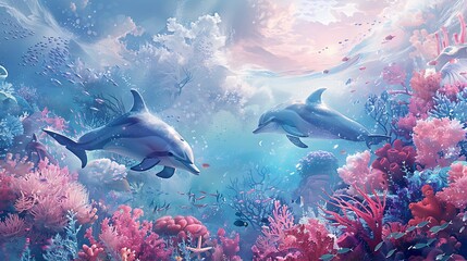 Fototapeta premium Dolphin in the water illustration, Beautiful, summer vibe, beach, ocean, sea, fish, background