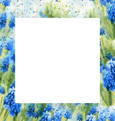 Watercolor square template with spring blue flowers and green leaves, primroses, blue and cyan snowdrops, hyacinths, first flowers after winter white background, for spring, wedding decoration