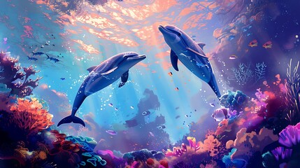 Fototapeta premium Dolphin in the water illustration, Beautiful, summer vibe, beach, ocean, sea, fish, background