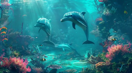 Dolphin in the water illustration, Beautiful, summer vibe, beach, ocean, sea, fish, background