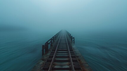 Fototapeta premium Train tracks disappearing into a foggy sea