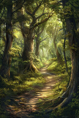 Obraz premium An enchanted forest path winding through towering trees, with sunlight filtering through the lush canopy and casting enchanting shadows on the forest floor