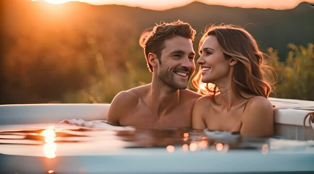 Verliebetes Paar sitzt im Whirlpool und genie&szlig;t den Moment