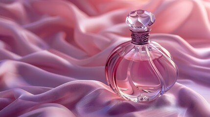 Luxurious Crystal Perfume Bottle Amidst Undulating Waves of Pink and Purple Velvet Cloth