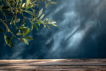Olive wood table mockup on blue stucco background with olive branch shadows on the wall. Mock up...